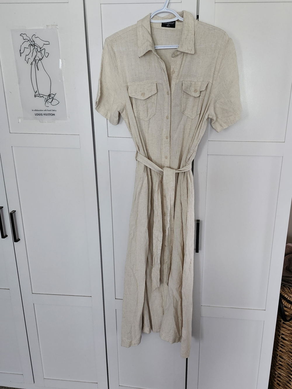 Simon Chang Natural Beige Linen Maxi Shirt Dress